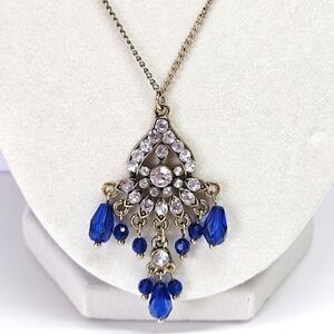 VINTAGE Victorian Revival Rhinestone and Blue Pendant Gold-Tone Necklace